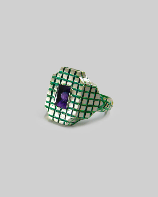 Grid Signet Ring with Amethyst